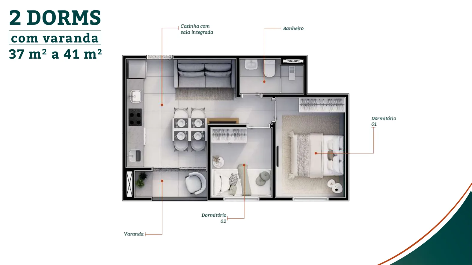 Planta ilustrativa de apartamento do Boulevard Cantareira: 2 dormitórios com varanda, 37 a 41 m², Zona Norte de São Paulo