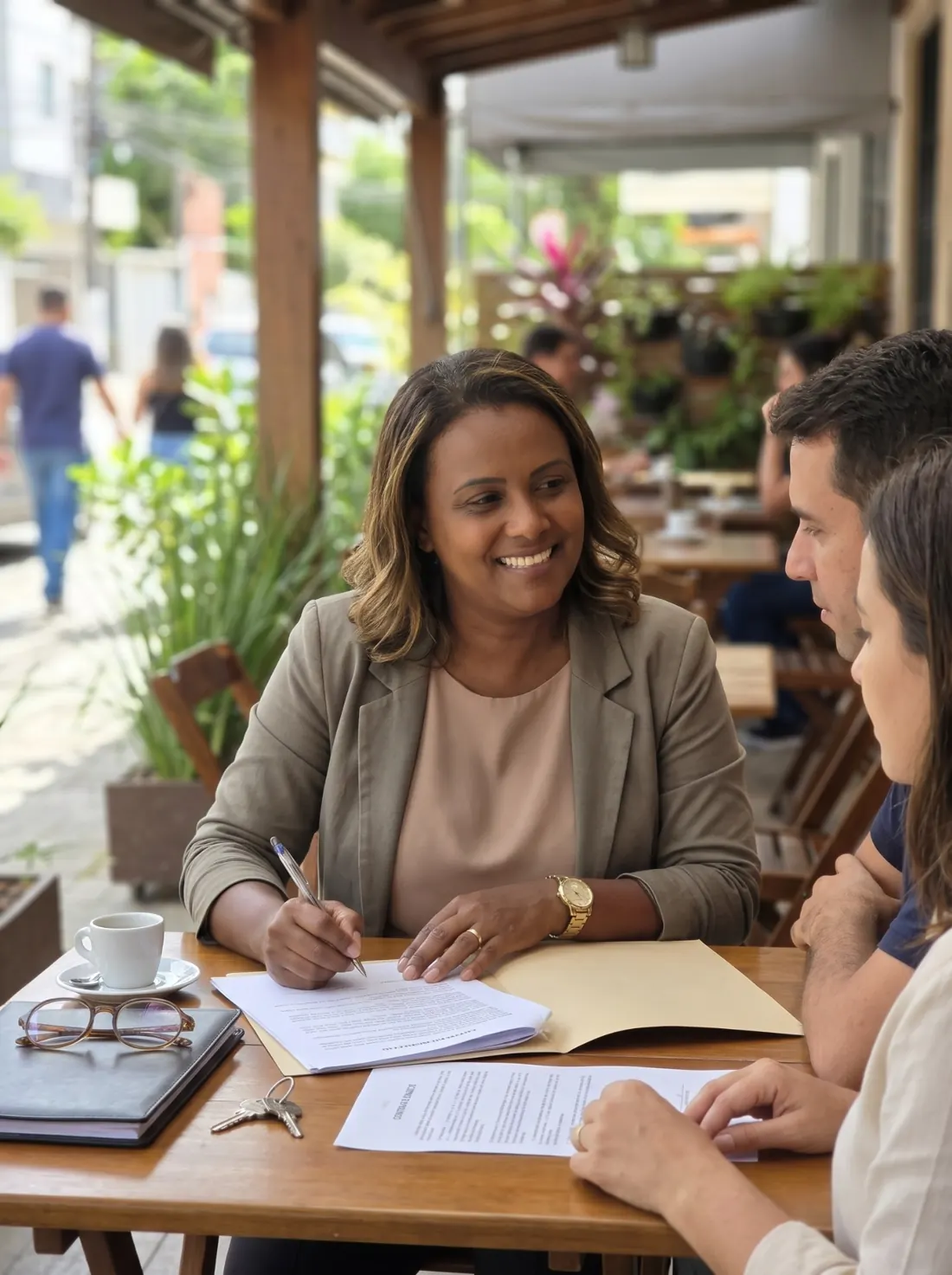 Corretora Priscila Felix orientando clientes sobre documentação para compra de imóvel