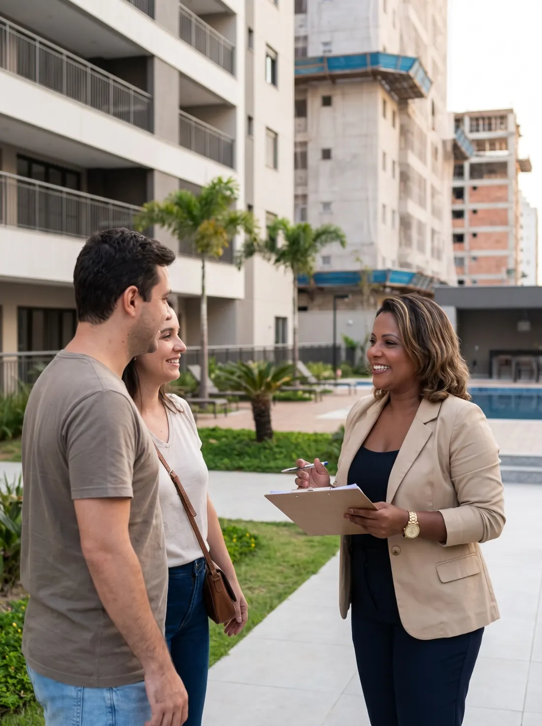 Corretora de imóveis Priscila Felix atendendo clientes em área residencial
